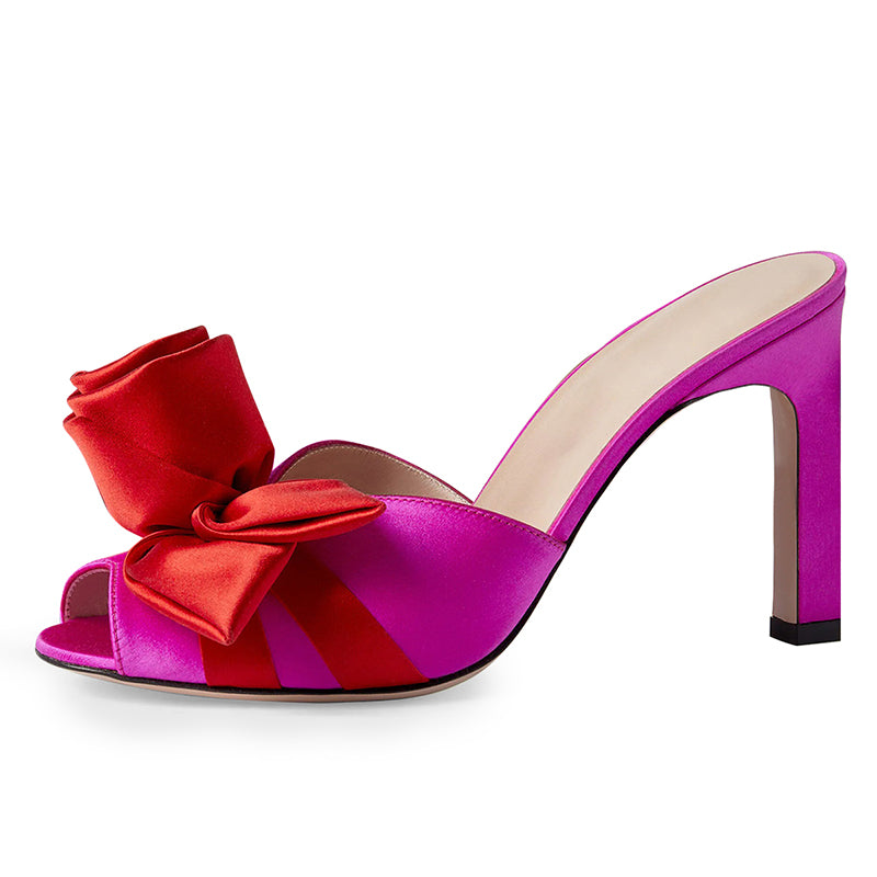 Women's Rose Style Peep Toe Satin Mule Heels in Fuchsia