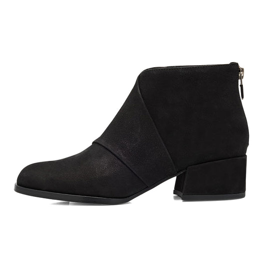 Black Round Toe Chunky Heel Ankle Boots for Women with Zipper