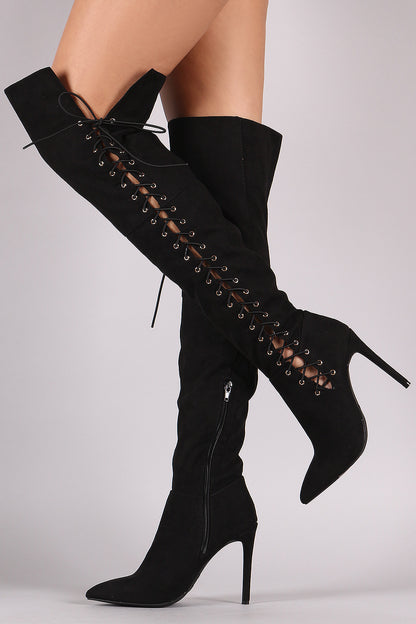 Black Vegan Suede Side Lace Up Stiletto Heel Over The Knee Boots