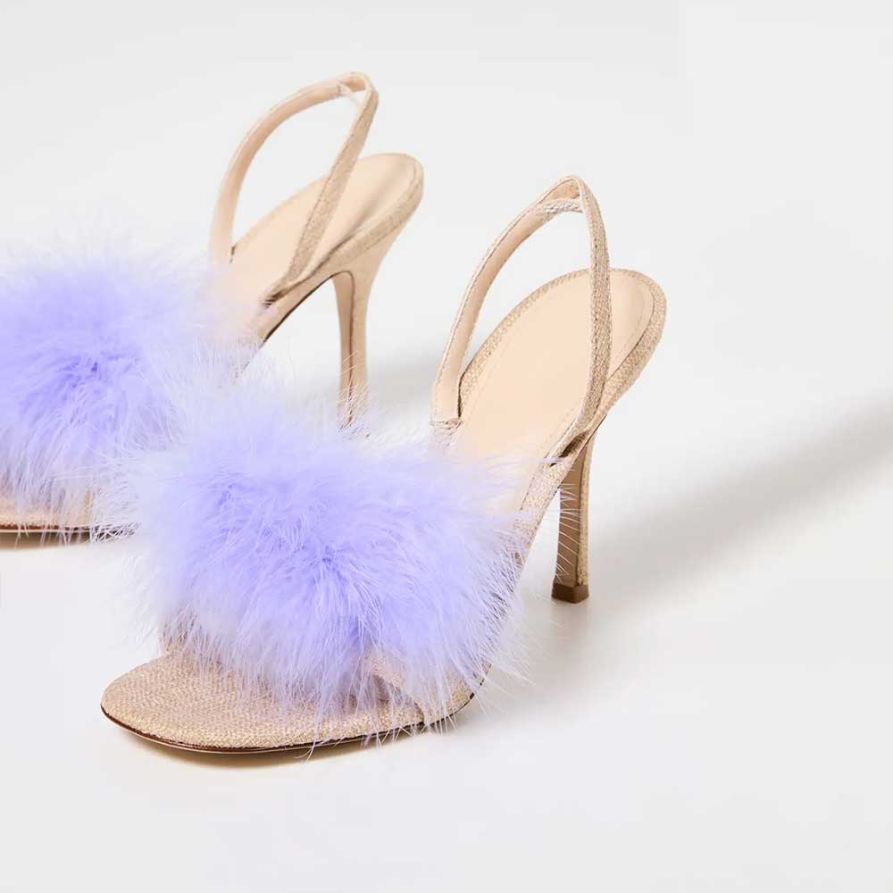 Beige & Purple Woven Raffia Feather Trim Slingback Heeled Sandals