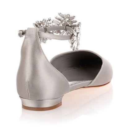 Classy Gray Satin Pointed Toe Ankle Strap Bride Flats with Rhinestone