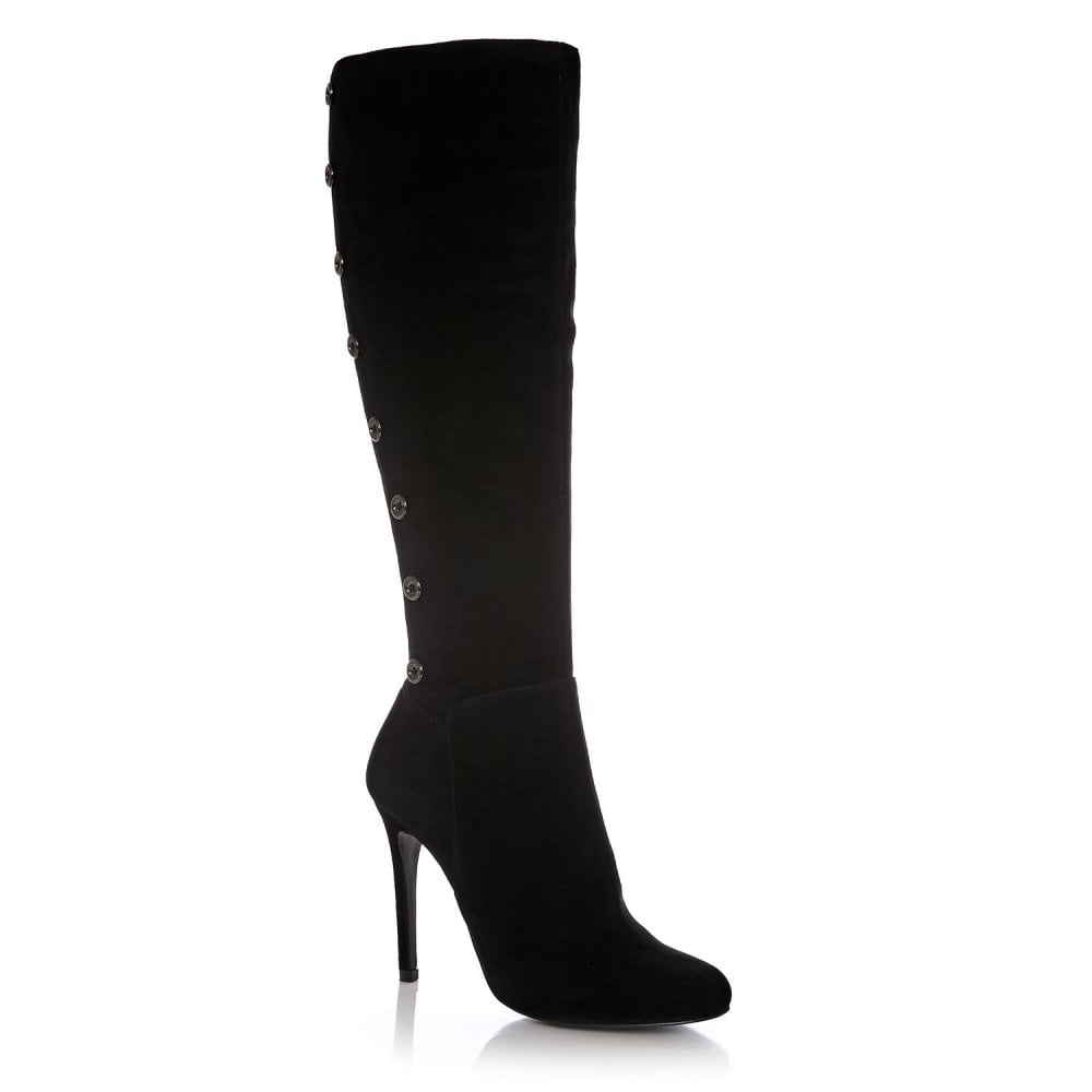 Black Vegan Suede Metal Button Knee High Boots