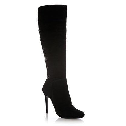 Black Vegan Suede Metal Button Knee High Boots
