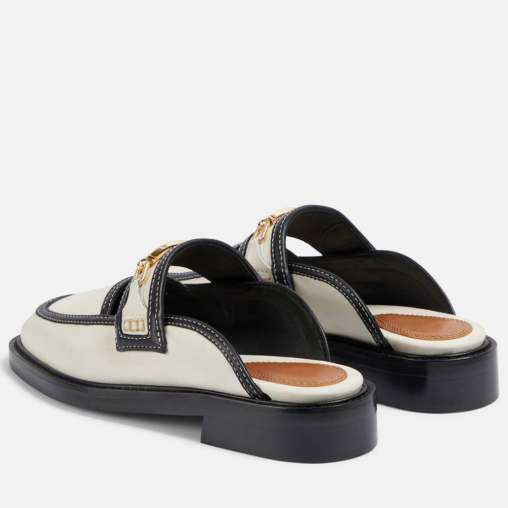 White & Black Round-Toe Low Block Heel Mule Loafers with Chain