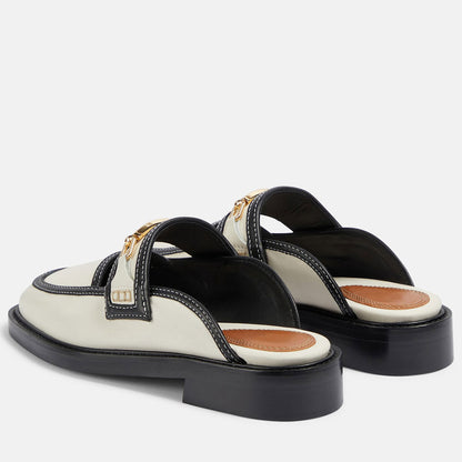 White & Black Round-Toe Low Block Heel Mule Loafers with Chain