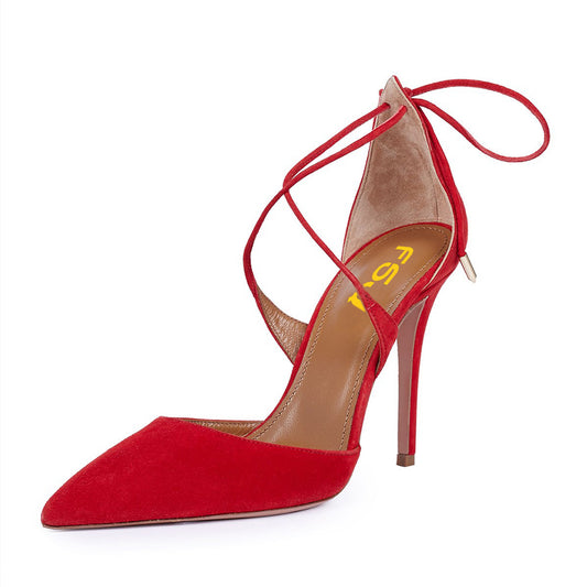 Red Pointed Toe Crisscross Straps Rear Lace Up Pumps Heels for Women