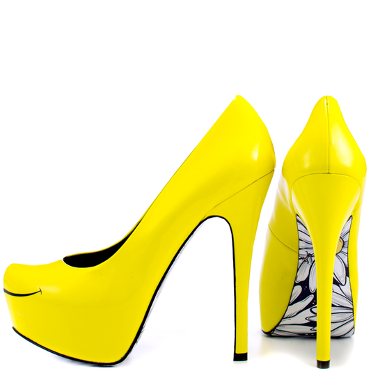 Women's Yellow Daisy Print Stiletto Heels Almond Toe Platform Pumps