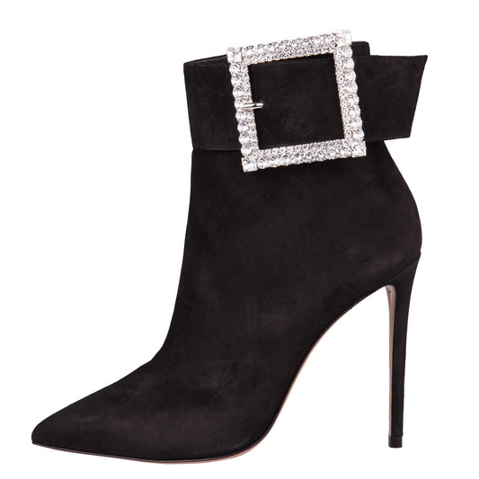 Black Vegan Suede Rhinestone Buckle Stiletto Heel Ankle Boots
