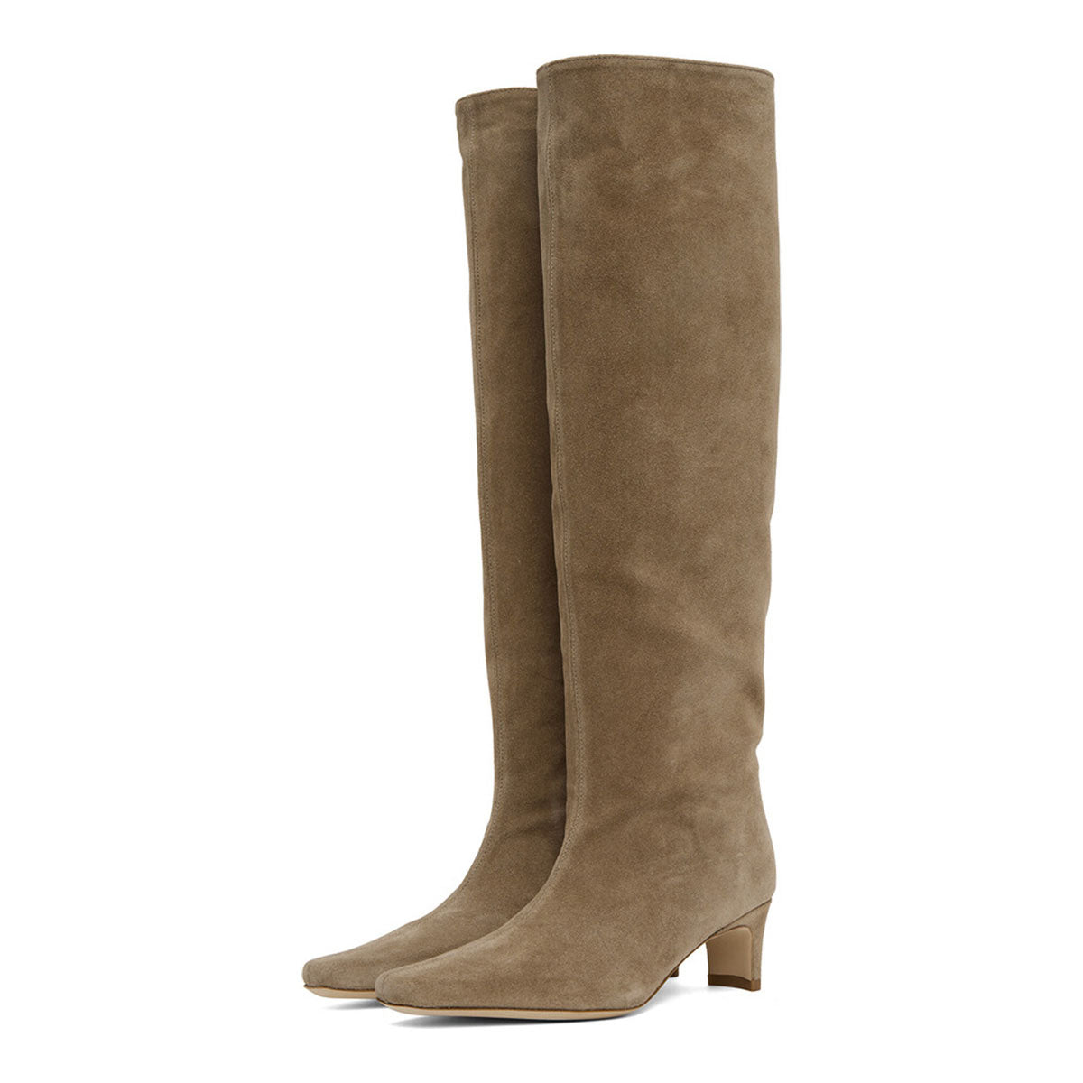 Taupe Square Toe Block Heel Pull-On Knee High Boots for Women
