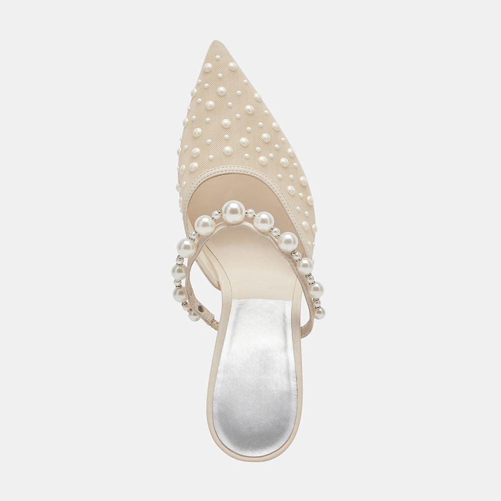 Beige Mesh Pointed Toe Pearl Embellished Wedding Shoes Mule Heels