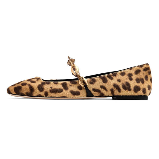 Leopard Print Chain Strap Mary Jane Square Toe Ballet Flats for Women