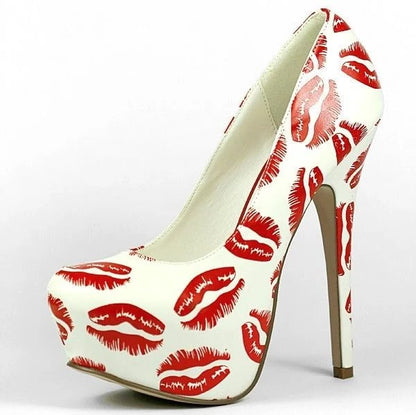 Women's Red Lips Print Stiletto Heels Platform Pumps by FSJ