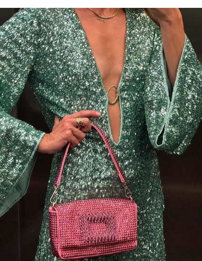 Fashion Green V-neck Sequin Design A-line Long-sleeved Women Party Dress Homecoming Dress TP3892