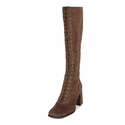 Brown Square Toe Block Heel Knee High Boots with Lace Up Design