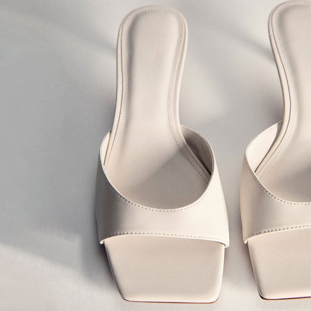 White Vegan Leather Square Toe Kitten Heel Sophisticated Mules