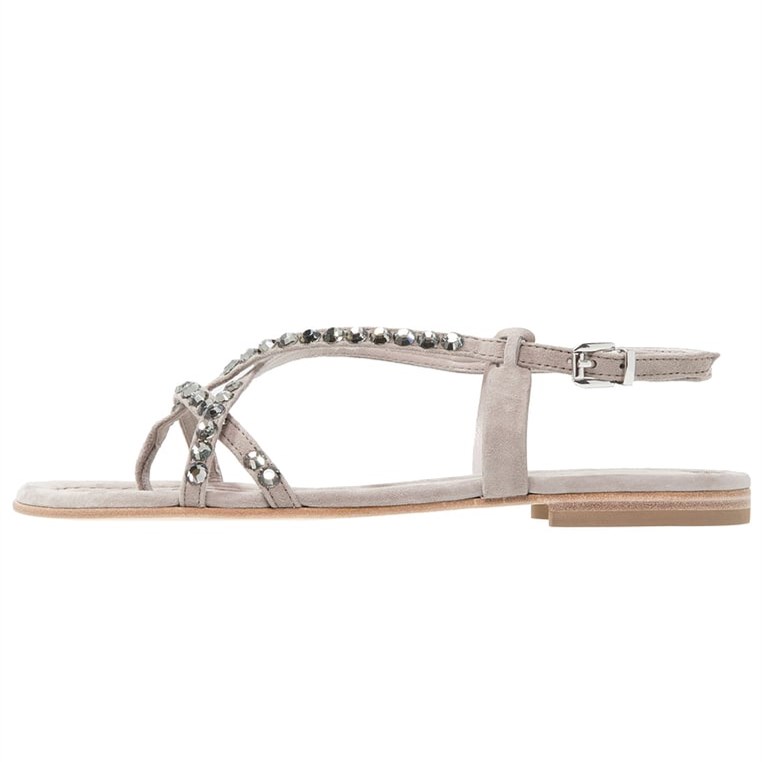 Grey Vegan Suede Flats Open Toe Rhinestone Strappy Sandals