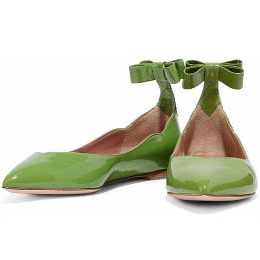 Green Patent Leather Pointy Toe Bow Comfortable Flats