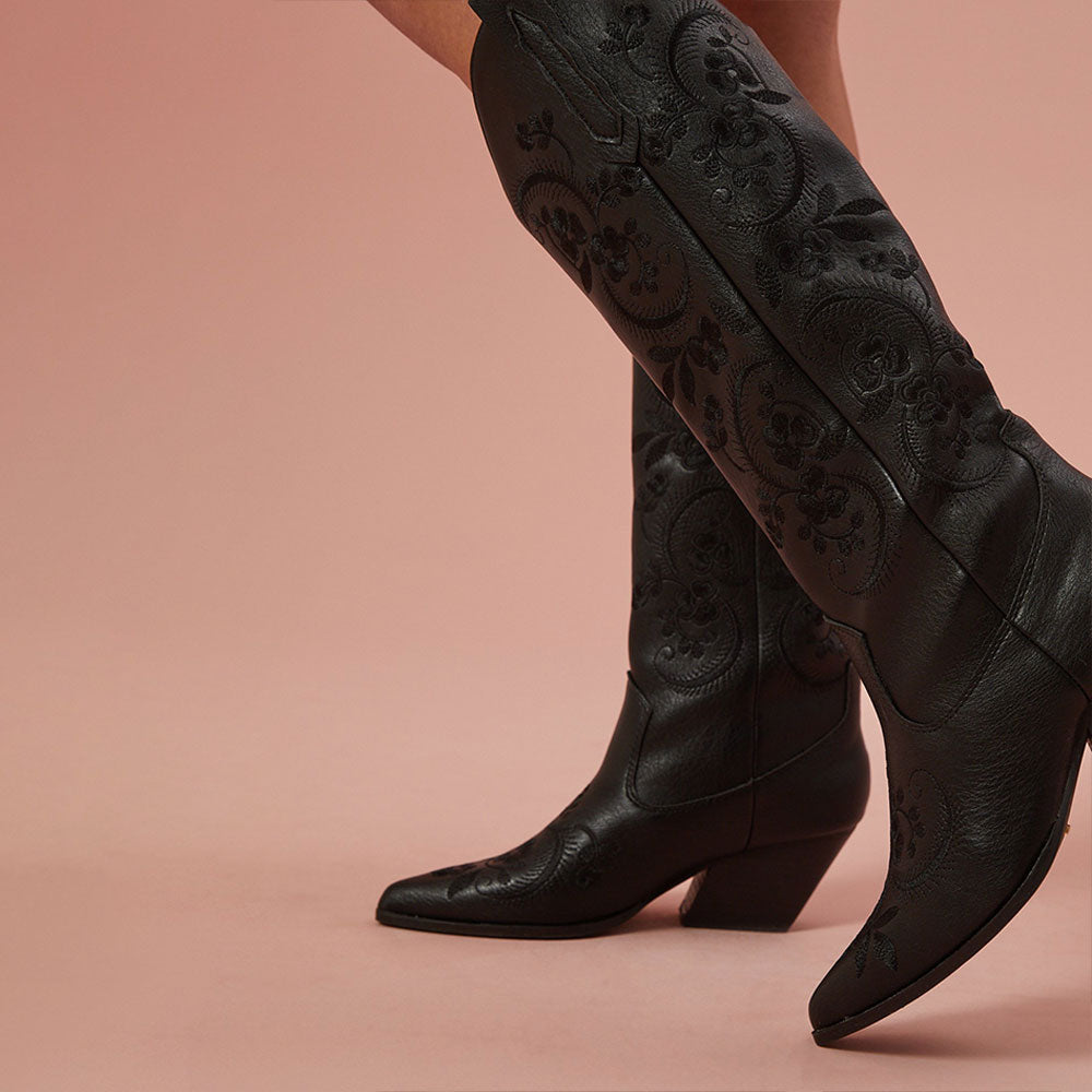 Black Snip Toe Chunky Heel Floral Embroidered Knee High Cowgirl Boots