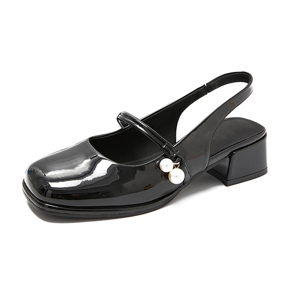 Black Patent Leather Square Toe Chunky Heel Slingback Loafers