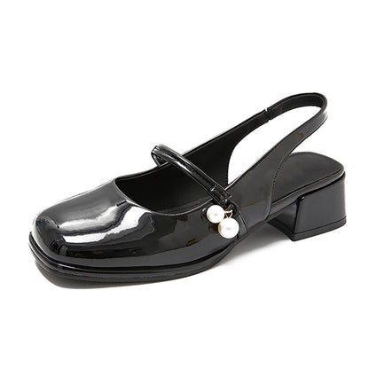 Black Patent Leather Square Toe Chunky Heel Slingback Loafers
