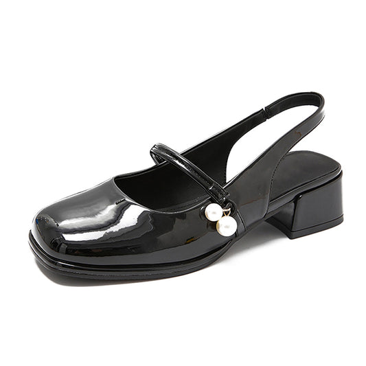 Black Patent Leather Square Toe Chunky Heel Slingback Loafers