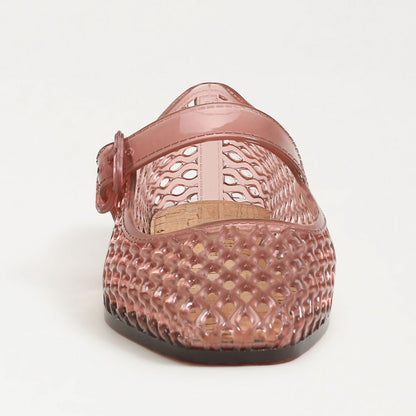 Pink Hollow Out PVC Square Toe Buckle Strap Jelly Mary Jane Flats