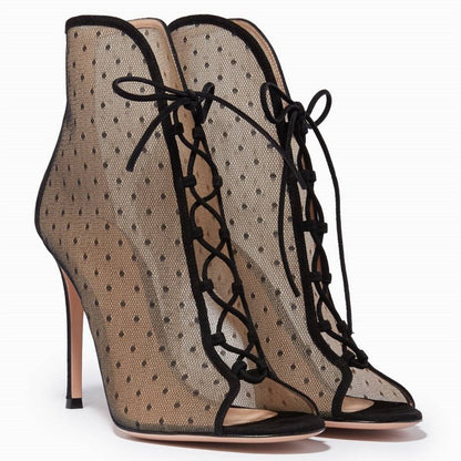 Black Polka Dot Mesh Peep Toe Lace Up Heeled Summer Ankle Boots