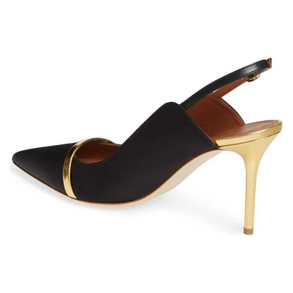 Women's Satin Pointed Toe Slingback Black Pumps with Gold Strap