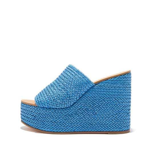 Blue Woven Open Round Toe Platform Wedge Heels Mules Sandals