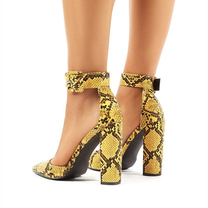 Women's Yellow Snakeskin Ankle Strap Chunky Heels Pumps