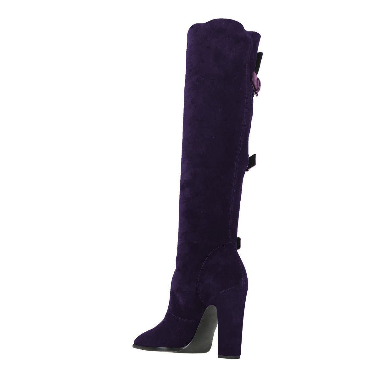 Dark Purple Round Toe Tri-Buckle Strap Knee High Boots for Women