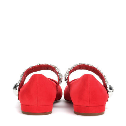 Red Vegan Suede Round Toe Rhinestone Strap Mary Jane Flats