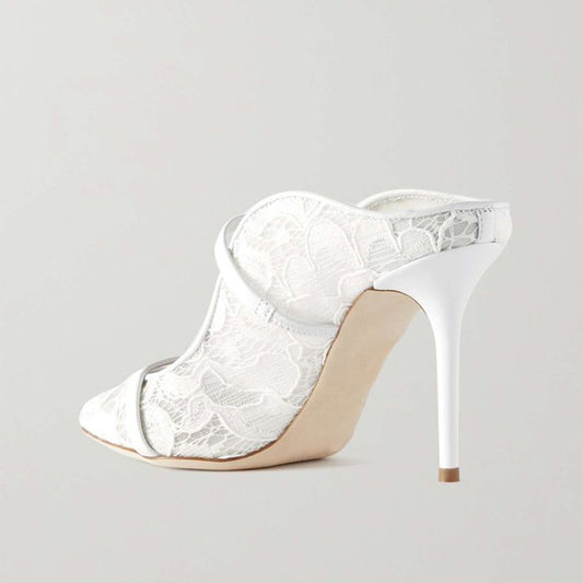 White Lace Pointed Toe 3__ Stiletto Heels Double Strap Bridal Mules