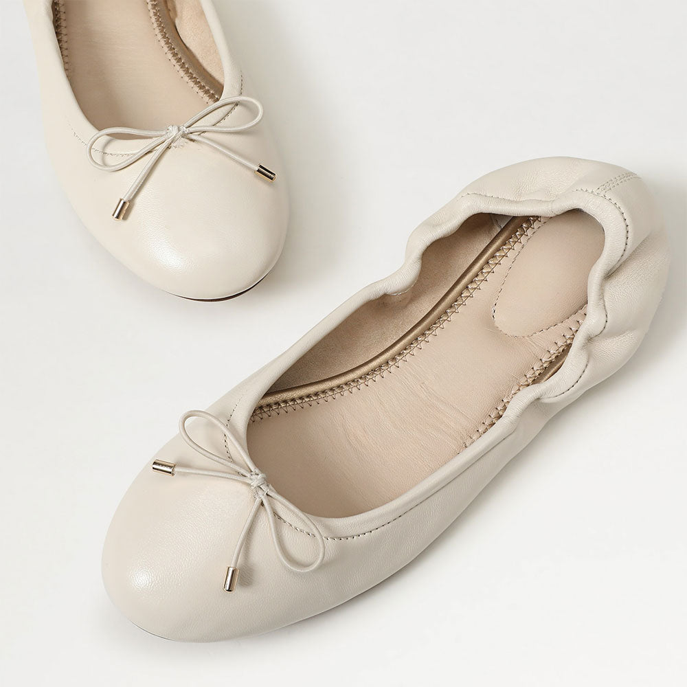Ivory Bow Elastic Top Line Slip-On Ballet Flats with Round Toe