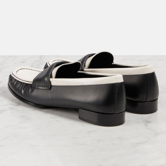 Stylish Black & White Round Toe Pleated Flat Women's Loafers