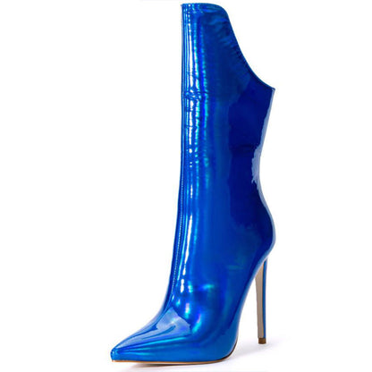 FSJ Royal Blue Holographic Pointed Toe Stiletto Heel Mid Calf Boots