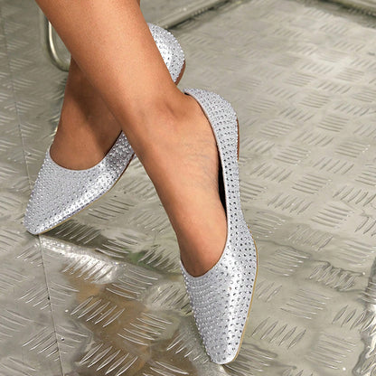 Women's Elegant Almond Toe Rhinestone Embellished Flats in Silver