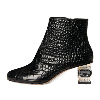 Black Pointed Toe Decorative Heel Side-Zip Ankle Boots