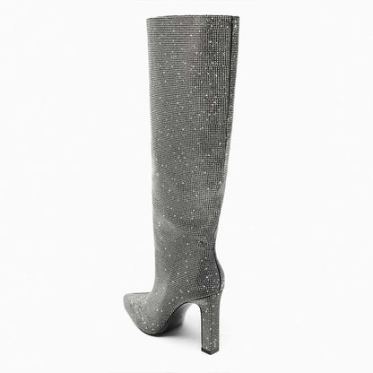 Silver Rhinestone Pointed Toe Chunky Heel Wide Calf Knee High Boots