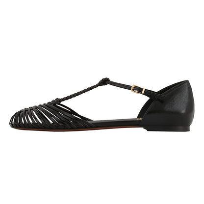 Black Woven T-Strap Caged Flat Sandals for Women with Buckle