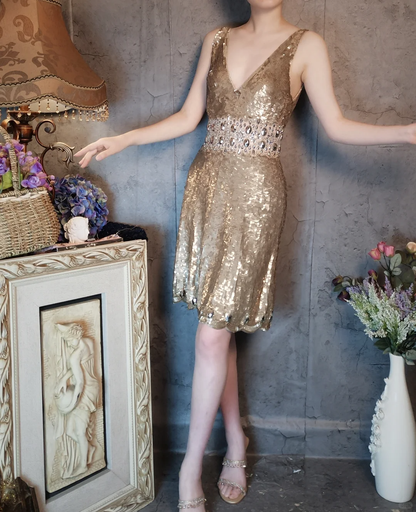 Retro Golden V-neck Sparkling Beaded Sequin Design A-line Short Homecoming Dress TP4021