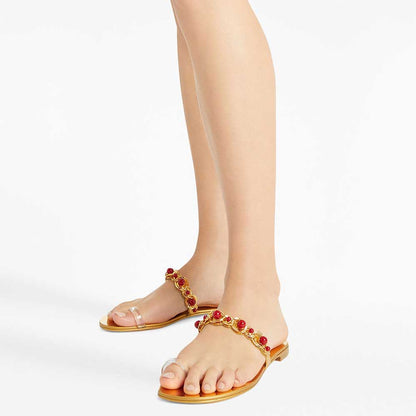 Gold Metallic Beads Embellished Chain Strap Flats Toe Ring Sandals