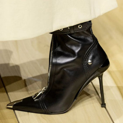 Black Pointed Toe 3__ Stiletto Heel Front-Zipper Ankle Boots