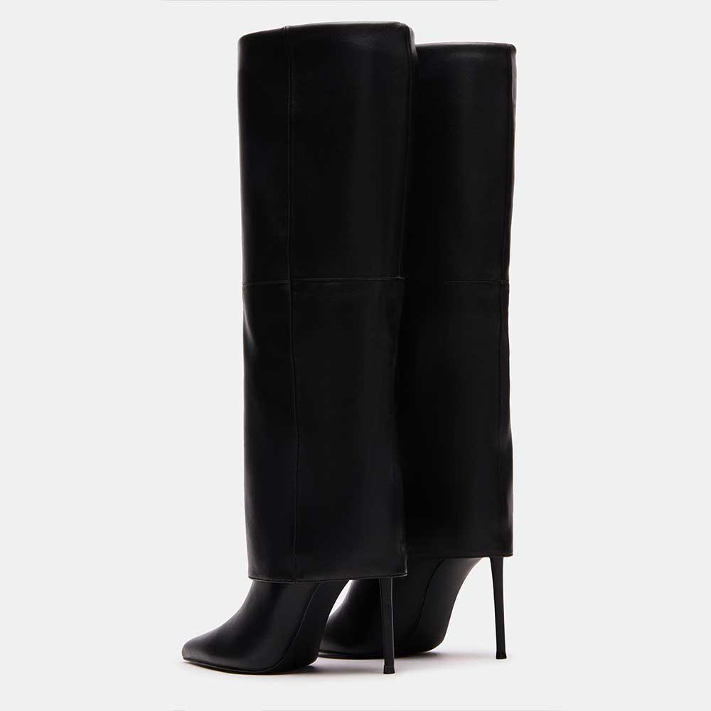 Vegan Leather Pointed Stiletto Heel Fold-Over Knee High Boots in Black