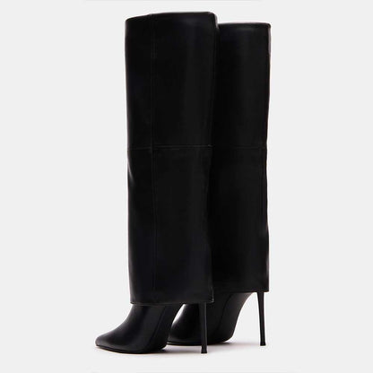 Vegan Leather Pointed Stiletto Heel Fold-Over Knee High Boots in Black