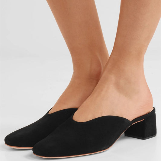 Women's Black Square Toe Vegan Suede Block Heel Mules Shoes