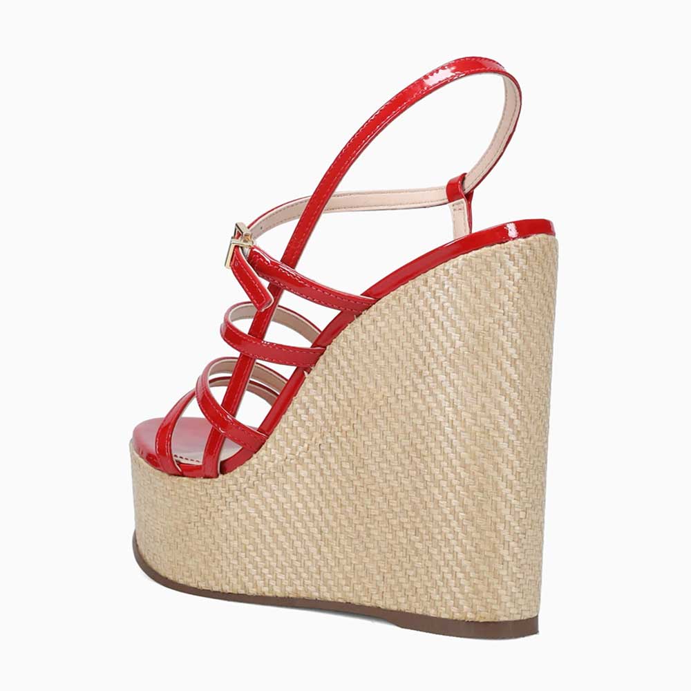 Red & Beige Open Toe Buckle Strappy Wedge Sandals with Woven Platform