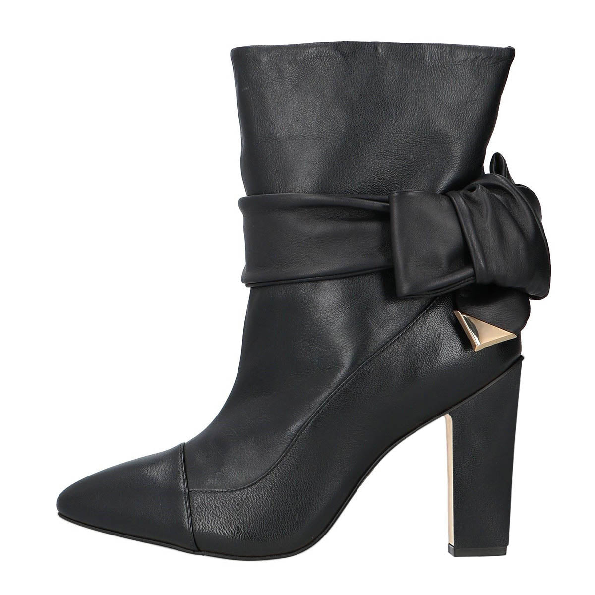 Black Pointed Toe Chunky Heel Knot Strap Ankle Boots for Women