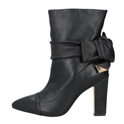 Black Pointed Toe Chunky Heel Knot Strap Ankle Boots for Women