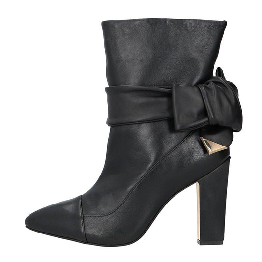 Black Pointed Toe Chunky Heel Knot Strap Ankle Boots for Women